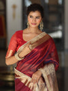 Banarasee Handwoven Plain Tissue Saree With Zari Border & Lace-Maroon(Purple Tone)
