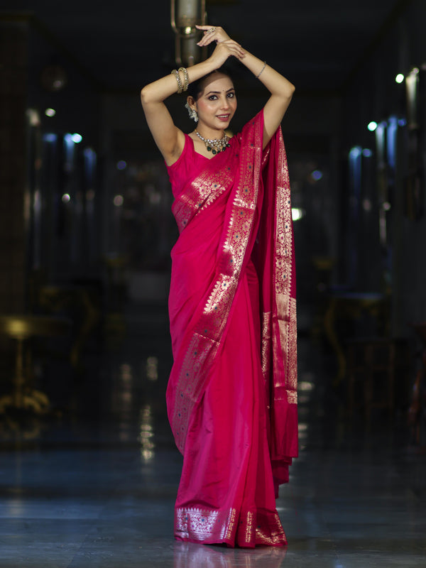 Banarasee Handloom Plain Semi Silk Saree With Floral Border-Pink