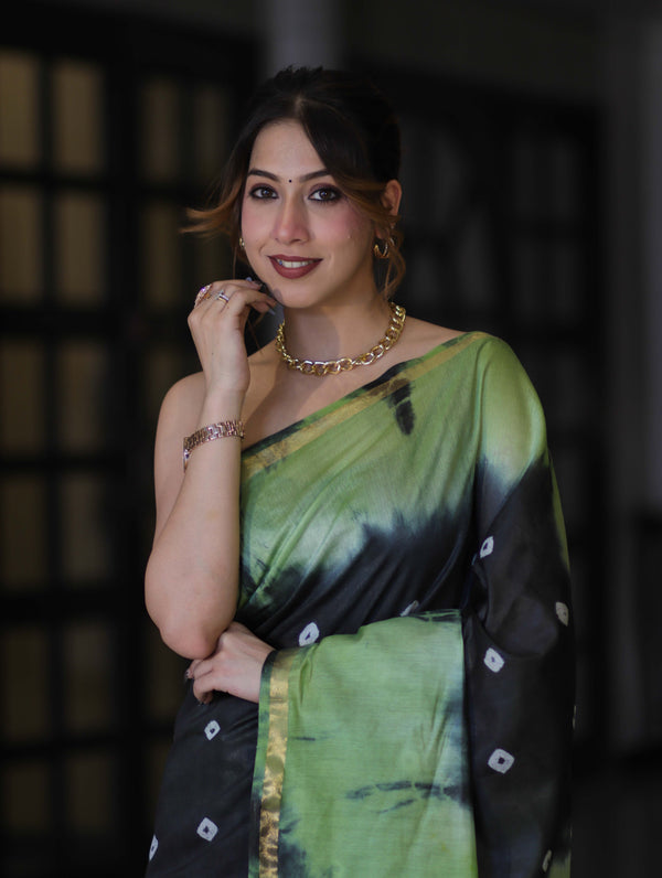 Bhagalpur Handloom Pure Linen Cotton Hand Dyed Shibori Pattern Saree-Black & Light Green