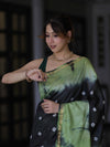 Bhagalpur Handloom Pure Linen Cotton Hand Dyed Shibori Pattern Saree-Black & Light Green