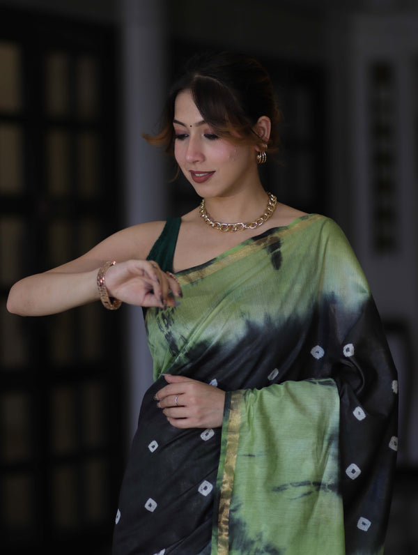 Bhagalpur Handloom Pure Linen Cotton Hand Dyed Shibori Pattern Saree-Black & Light Green
