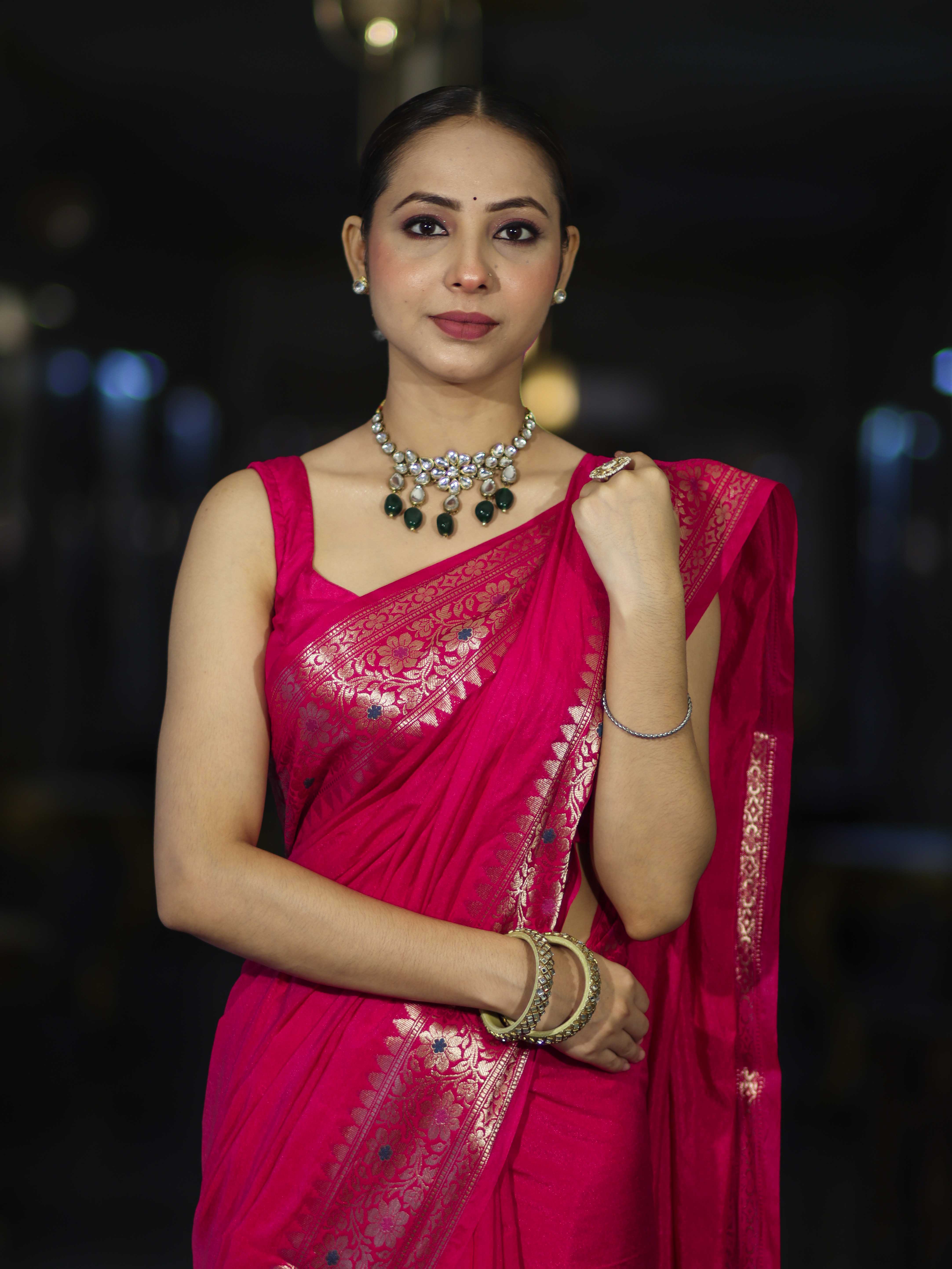 Banarasee Handloom Plain Semi Silk Saree With Floral Border-Pink