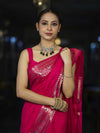Banarasee Handloom Plain Semi Silk Saree With Floral Border-Pink