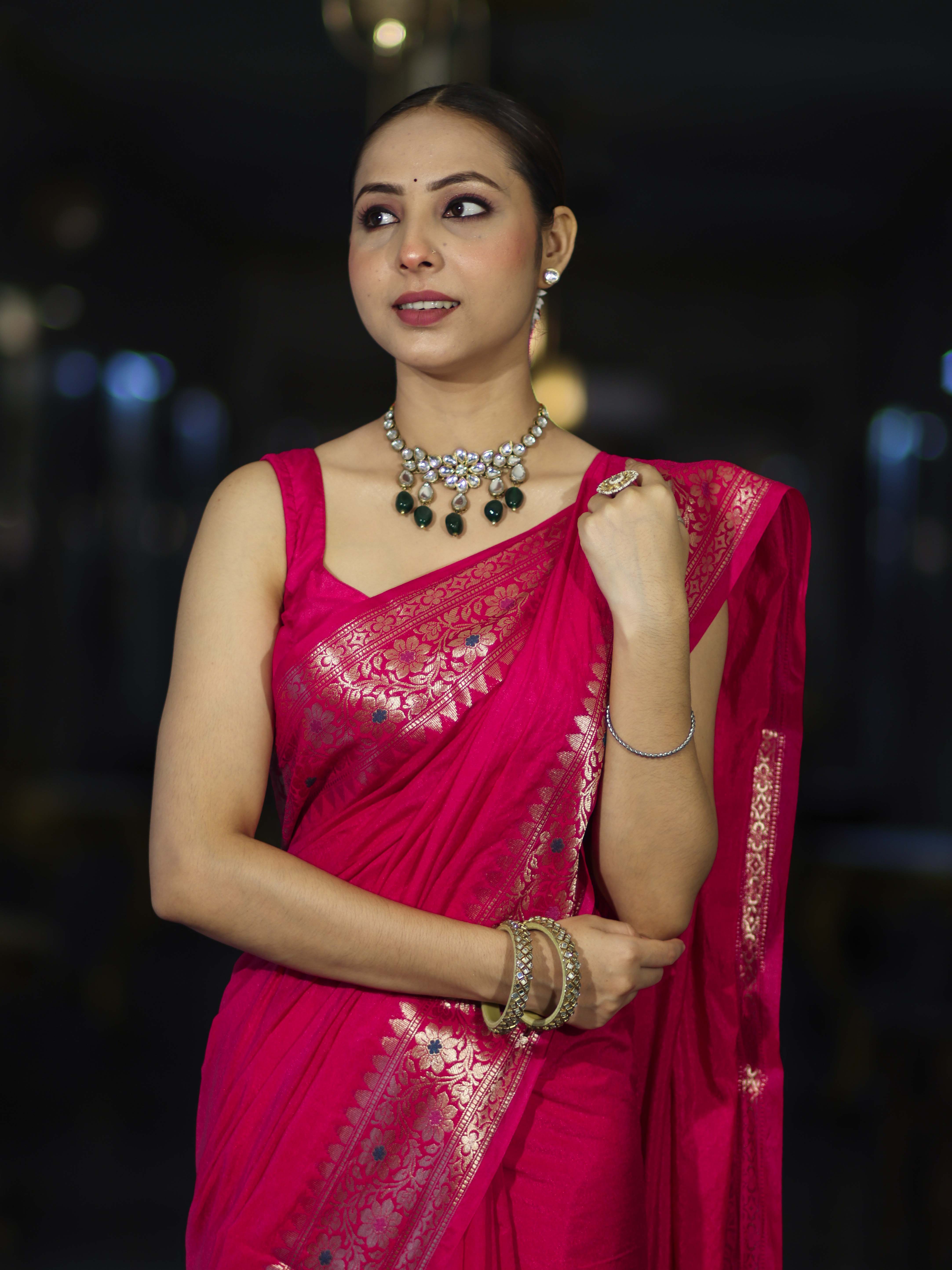 Banarasee Handloom Plain Semi Silk Saree With Floral Border-Pink