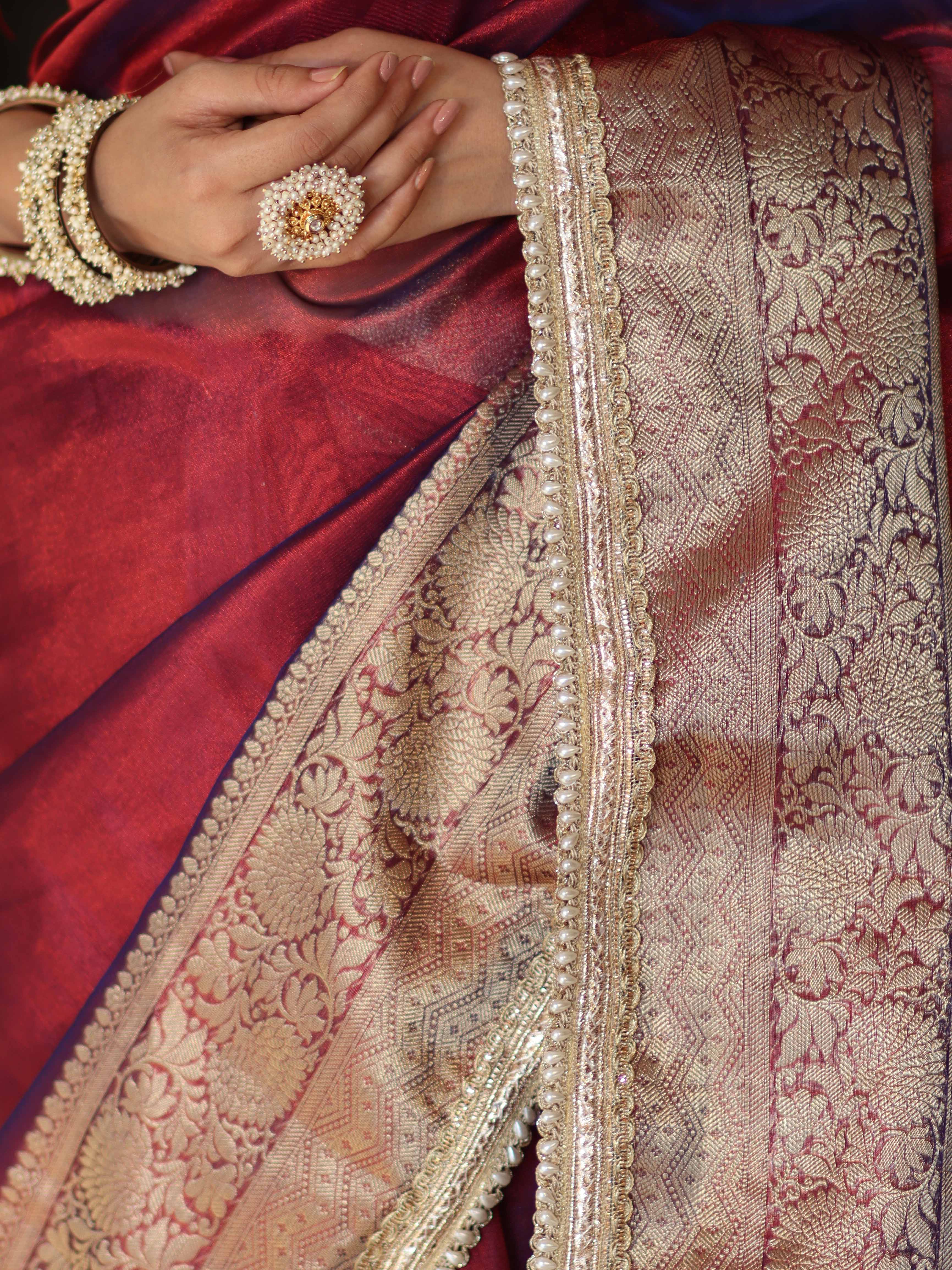 Banarasee Handwoven Plain Tissue Saree With Zari Border & Lace-Maroon(Purple Tone)