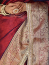 Banarasee Handwoven Plain Tissue Saree With Zari Border & Lace-Maroon(Purple Tone)