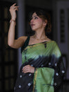 Bhagalpur Handloom Pure Linen Cotton Hand Dyed Shibori Pattern Saree-Black & Light Green