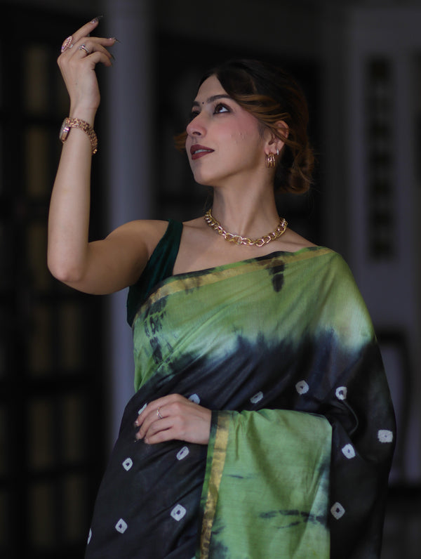 Bhagalpur Handloom Pure Linen Cotton Hand Dyed Shibori Pattern Saree-Black & Light Green