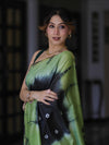 Bhagalpur Handloom Pure Linen Cotton Hand Dyed Shibori Pattern Saree-Black & Light Green