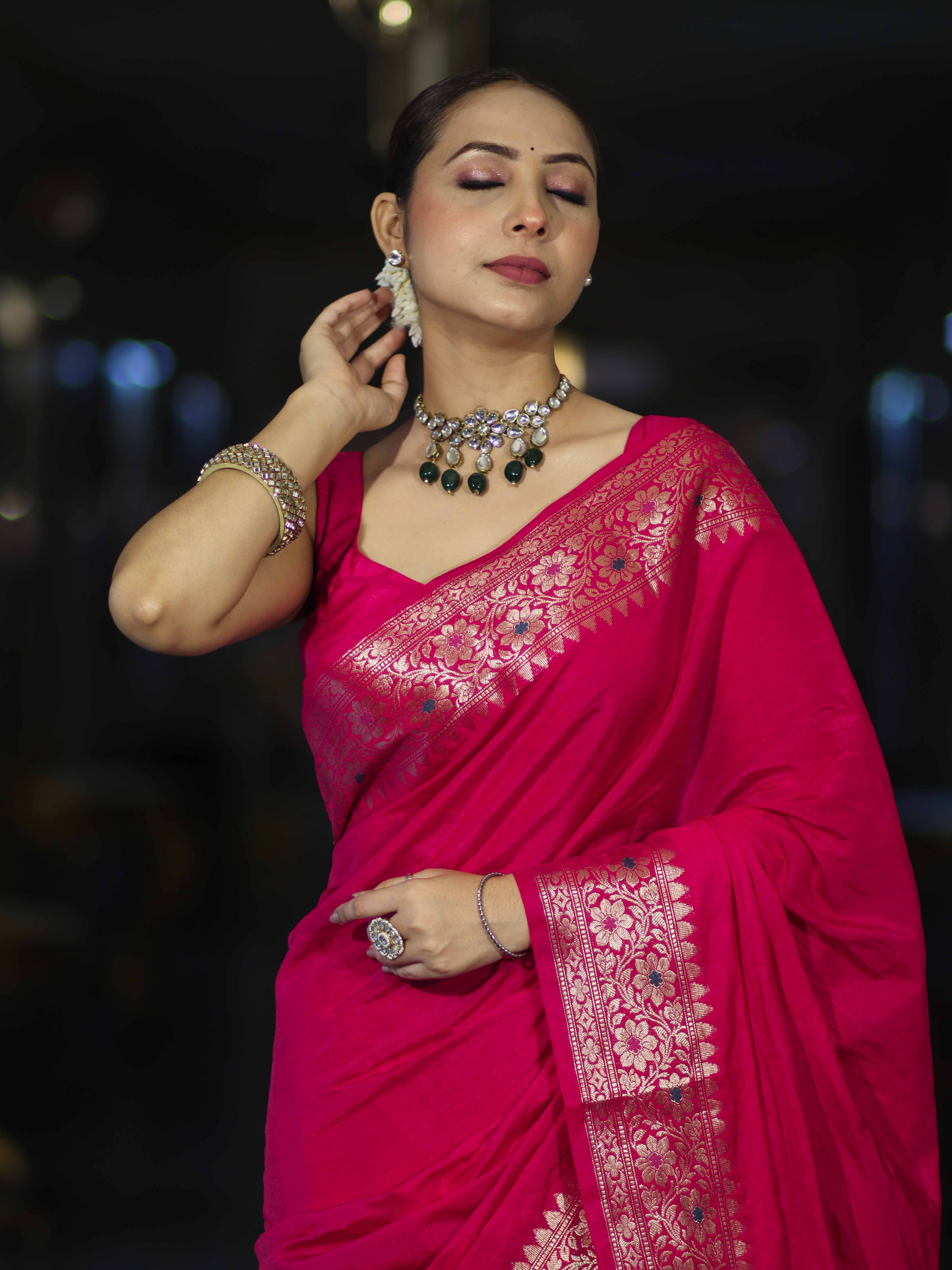 Banarasee Handloom Plain Semi Silk Saree With Floral Border-Pink