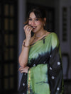 Bhagalpur Handloom Pure Linen Cotton Hand Dyed Shibori Pattern Saree-Black & Light Green