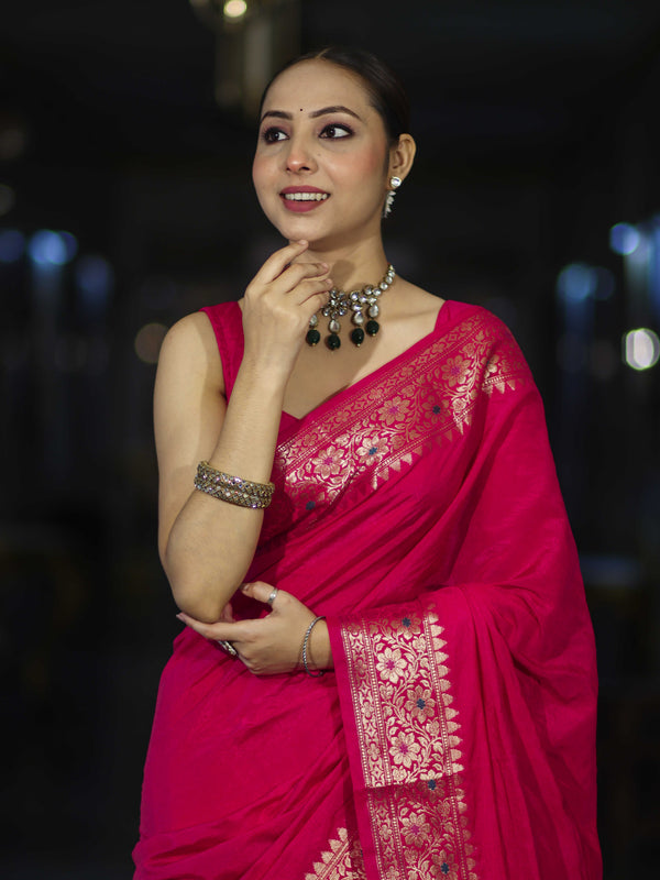 Banarasee Handloom Plain Semi Silk Saree With Floral Border-Pink