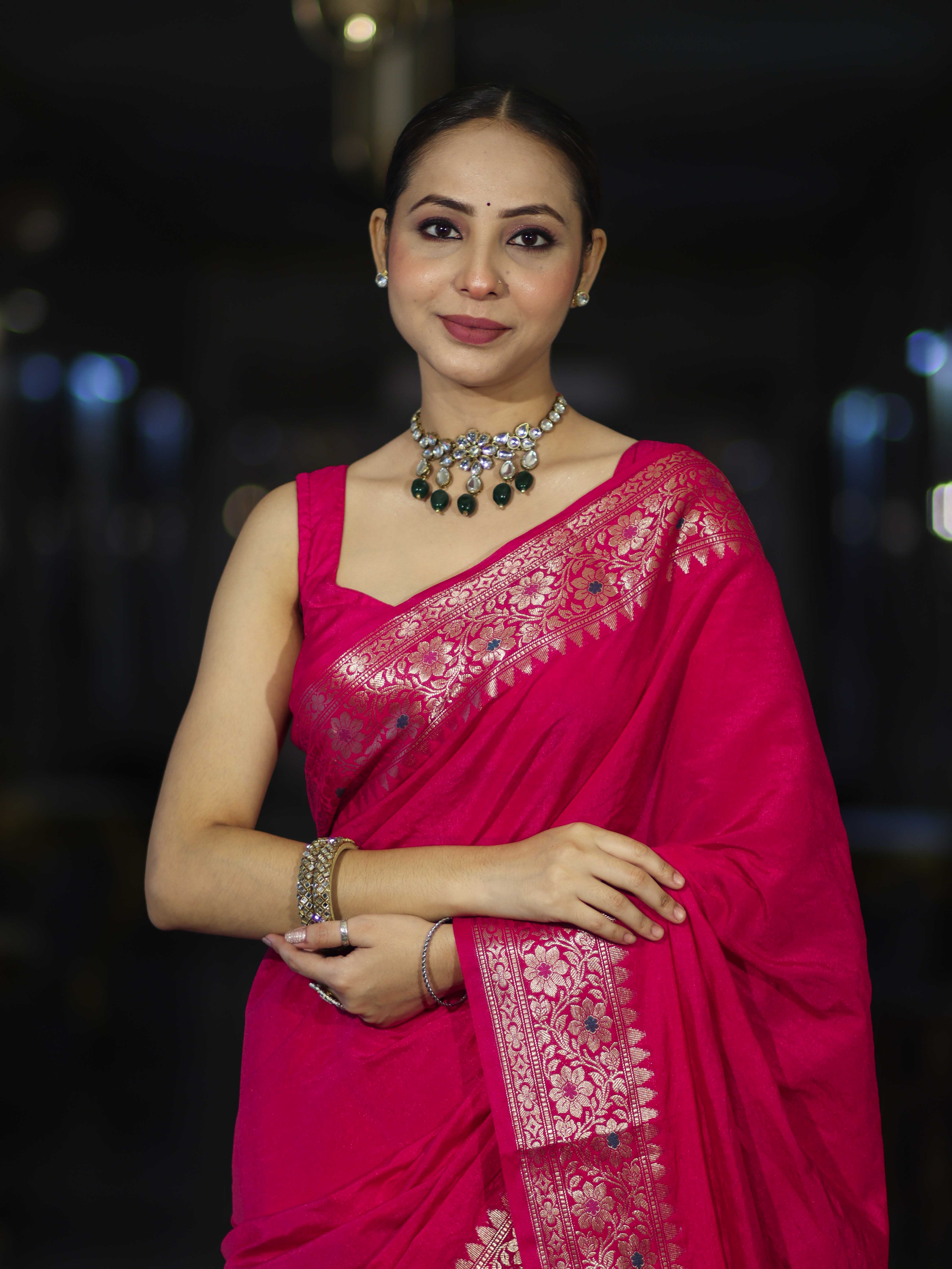 Banarasee Handloom Plain Semi Silk Saree With Floral Border-Pink