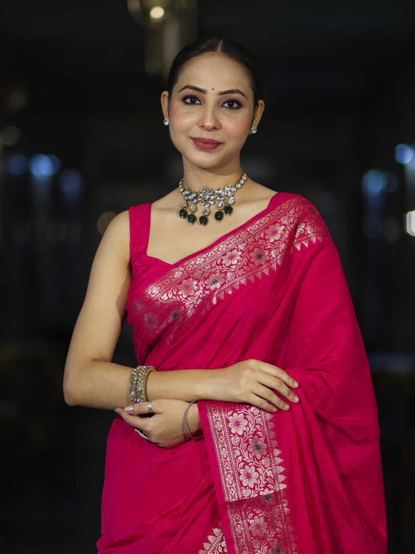 Banarasee Handloom Plain Semi Silk Saree With Floral Border-Pink