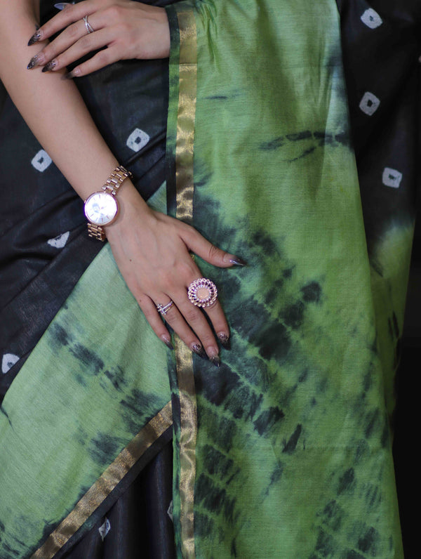 Bhagalpur Handloom Pure Linen Cotton Hand Dyed Shibori Pattern Saree-Black & Light Green