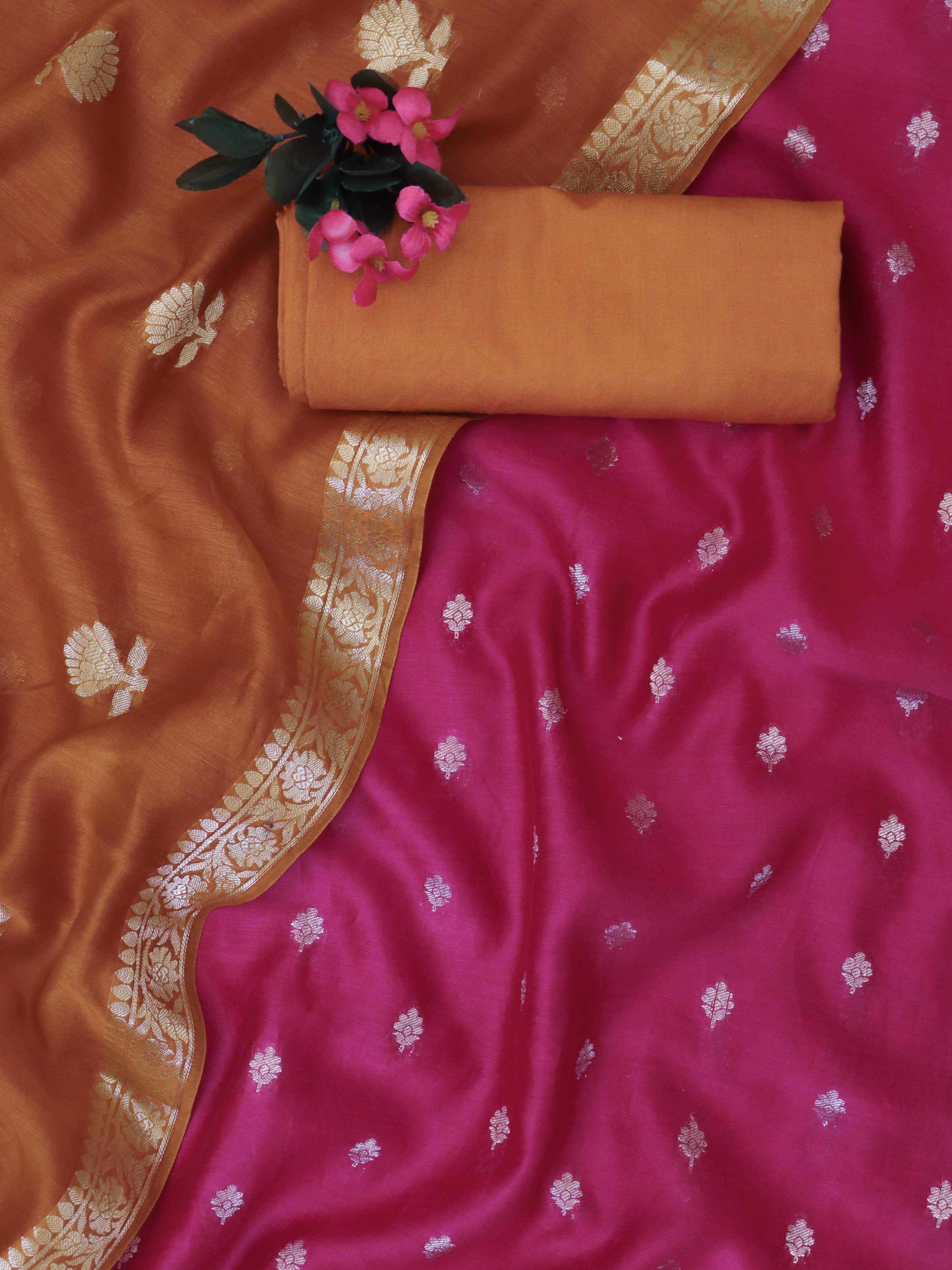 Banarasee Handloom Pure Silk Zari Buti Salwar Kameez Fabric With Dupatta-Hot Pink & Orange
