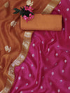 Banarasee Handloom Pure Silk Zari Buti Salwar Kameez Fabric With Dupatta-Hot Pink & Orange
