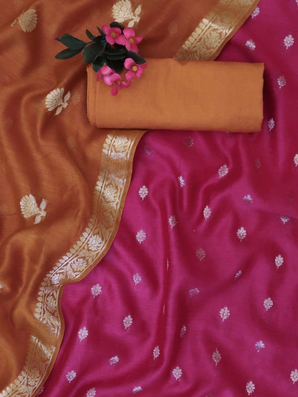 Banarasee Handloom Pure Silk Zari Buti Salwar Kameez Fabric With Dupatta-Hot Pink & Orange