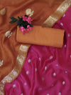 Banarasee Handloom Pure Silk Zari Buti Salwar Kameez Fabric With Dupatta-Hot Pink & Orange