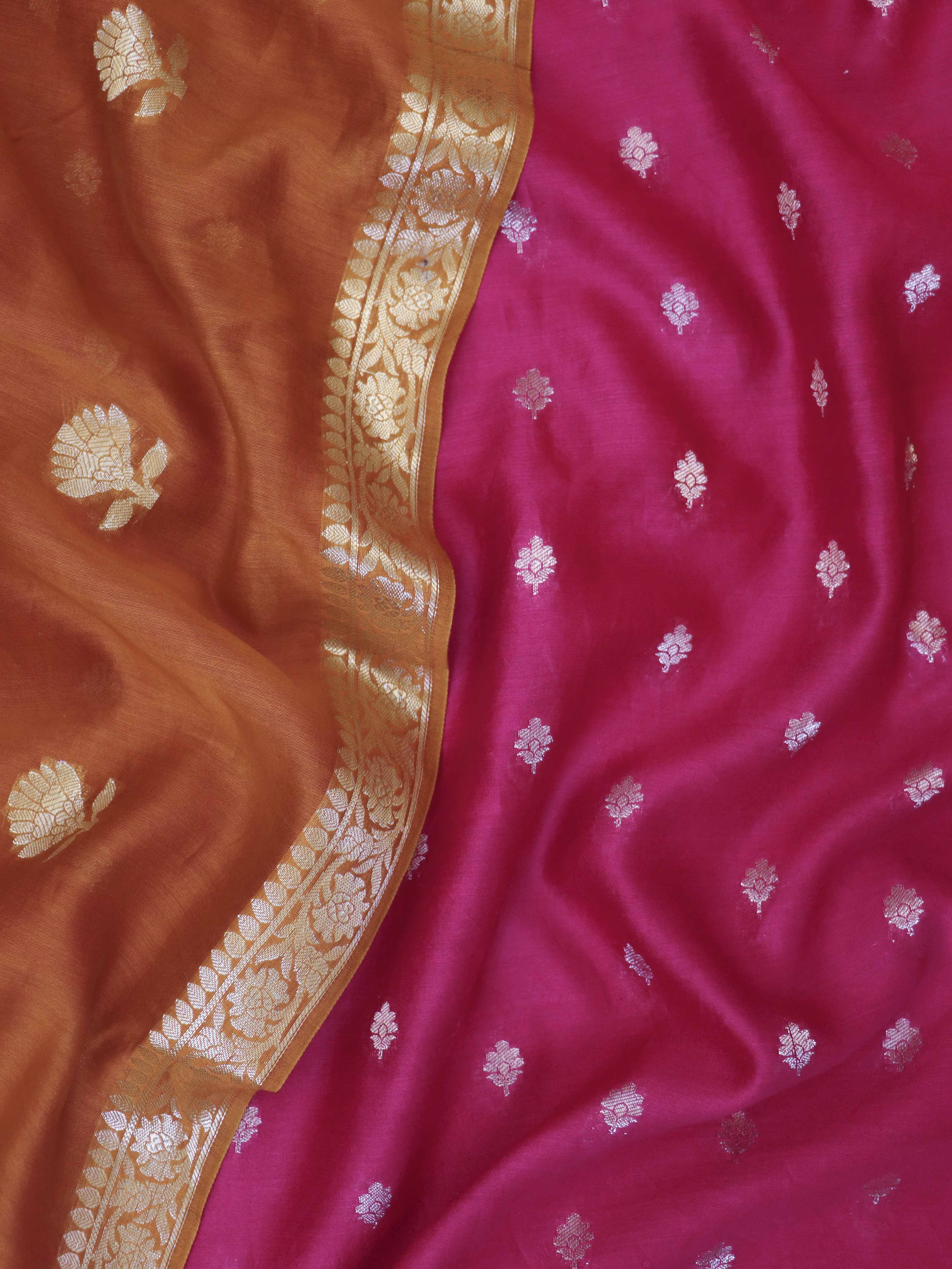 Banarasee Handloom Pure Silk Zari Buti Salwar Kameez Fabric With Dupatta-Hot Pink & Orange
