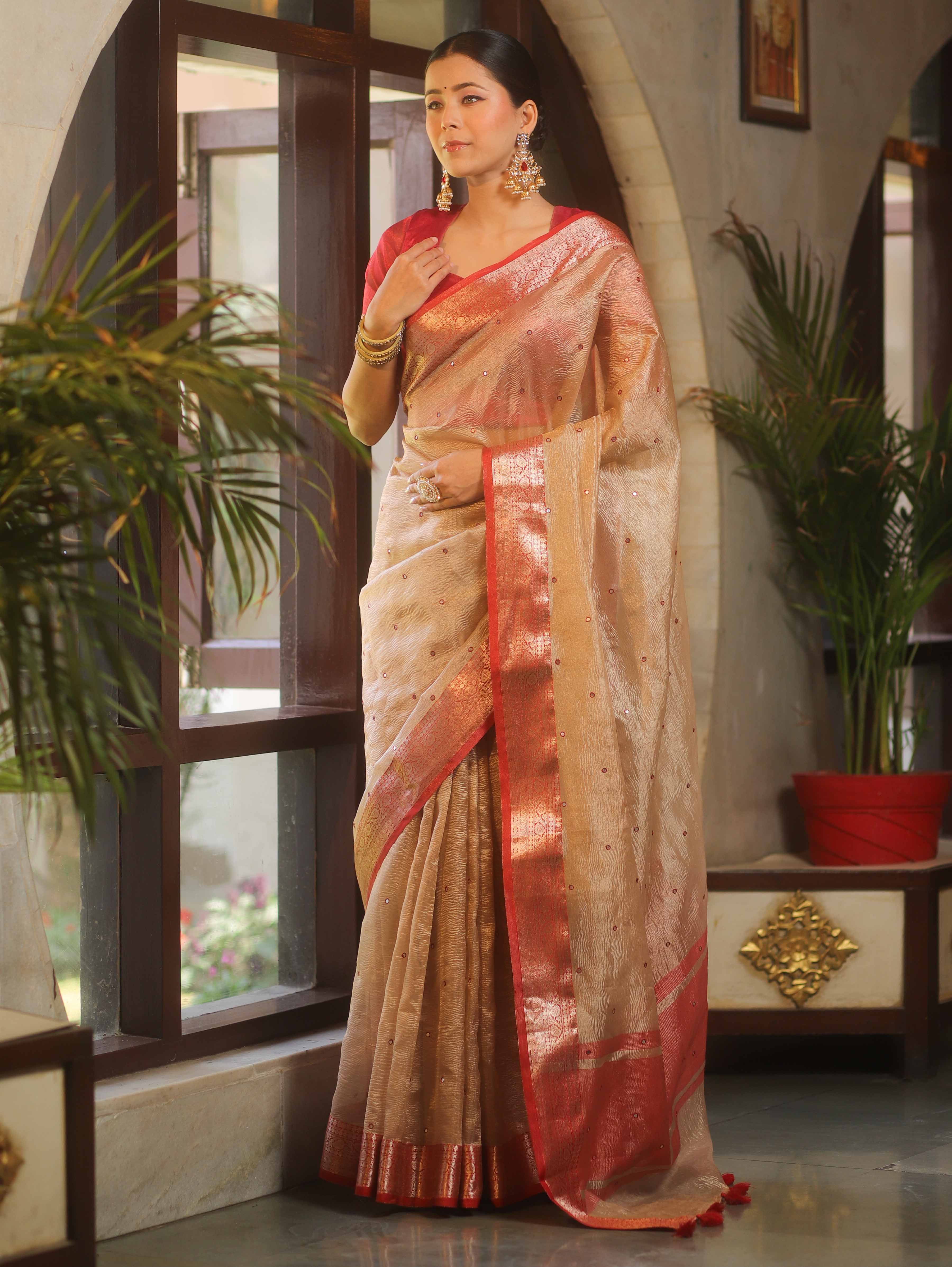 Banarasee Handwoven Mirror Work Crushed Tissue Saree With Contrast Border-Gold & Red