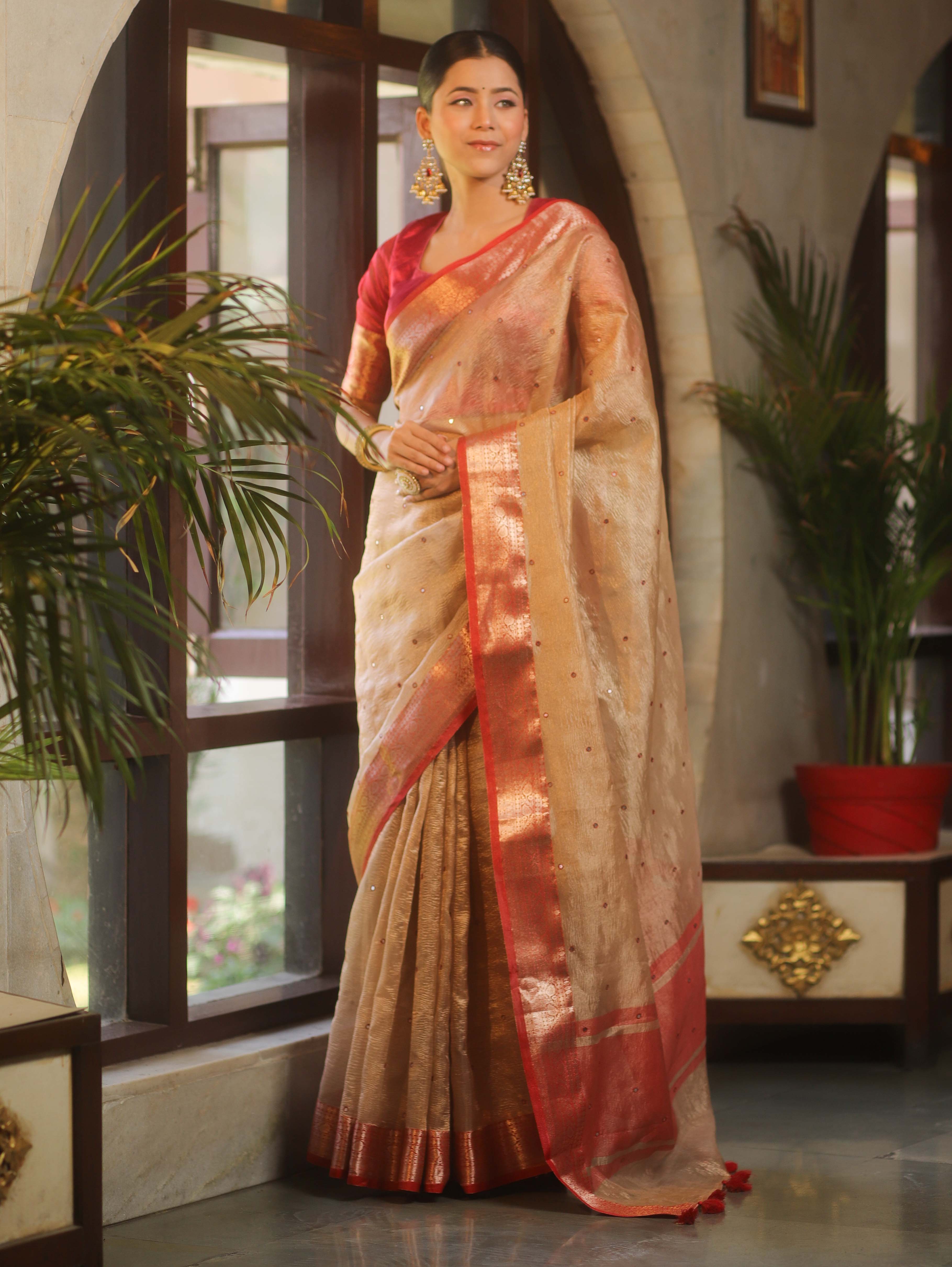 Banarasee Handwoven Mirror Work Crushed Tissue Saree With Contrast Border-Gold & Red