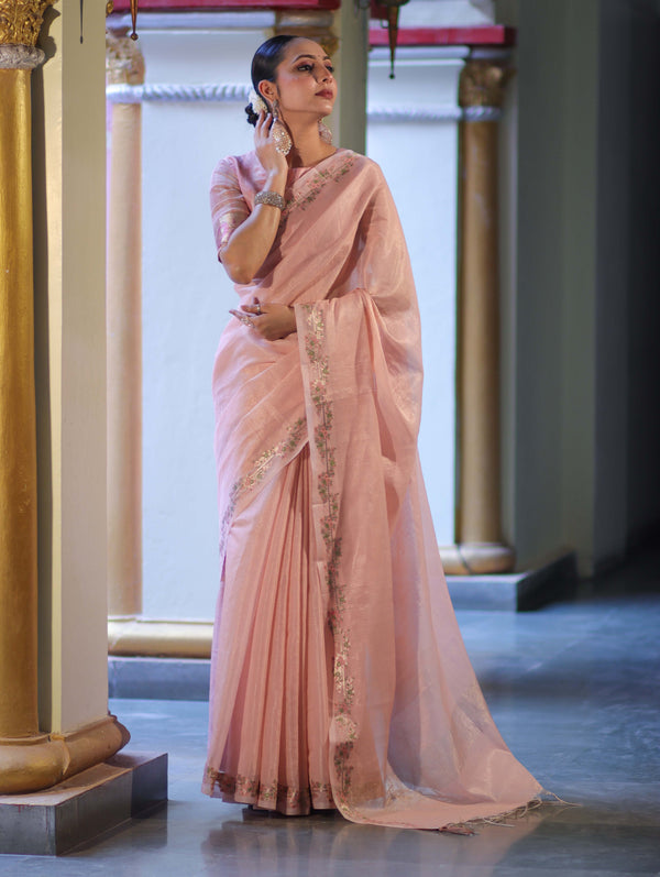 Banarasee Handloom Soft Tissue Shine Saree With Resham Floral Border-Peach