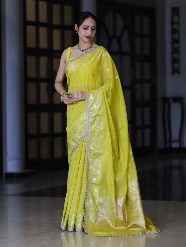Banarasee Handloom Semi Silk Saree With Buti Design Zari Border & Lace-Light Yellow