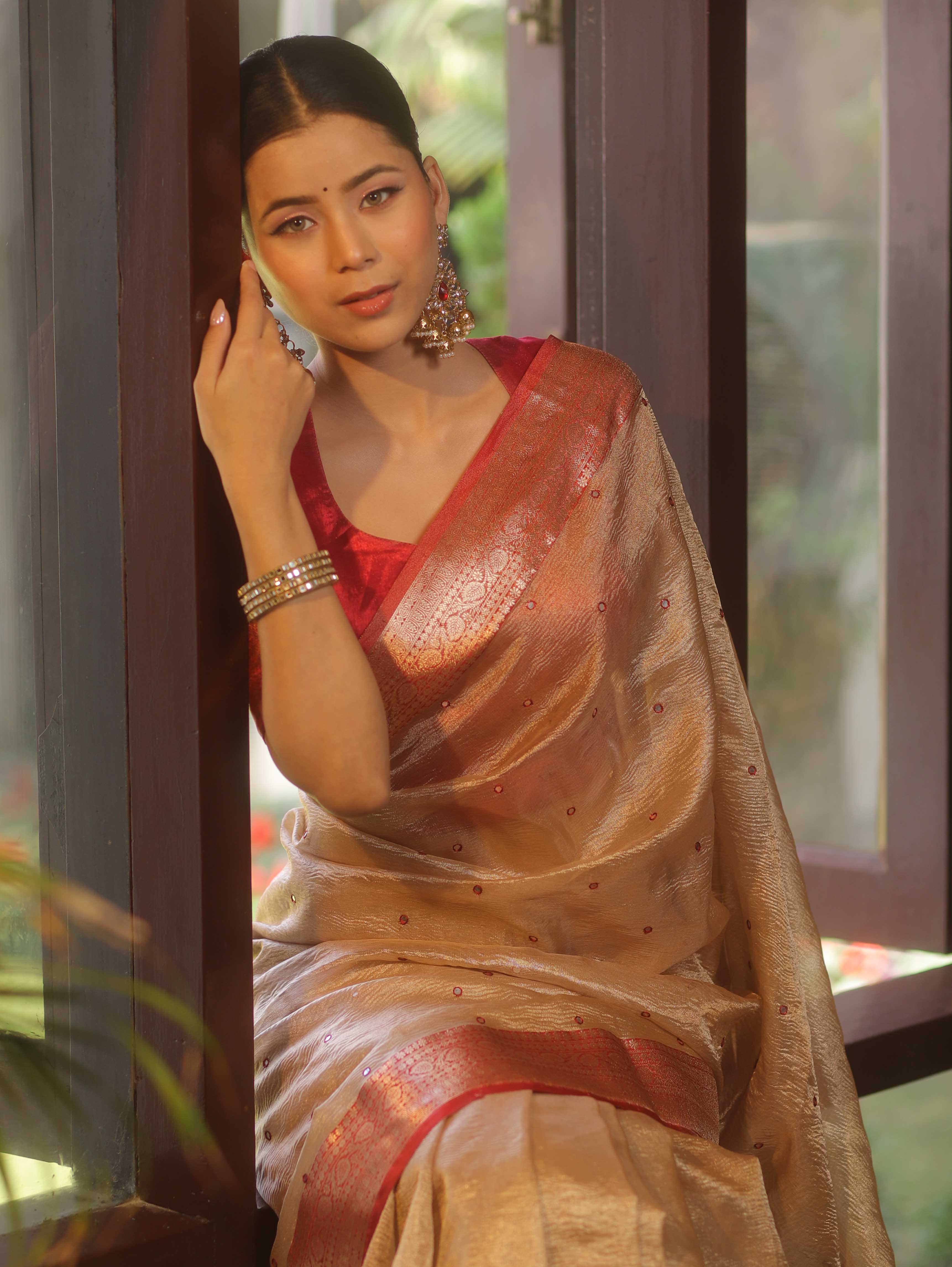 Banarasee Handwoven Mirror Work Crushed Tissue Saree With Contrast Border-Gold & Red