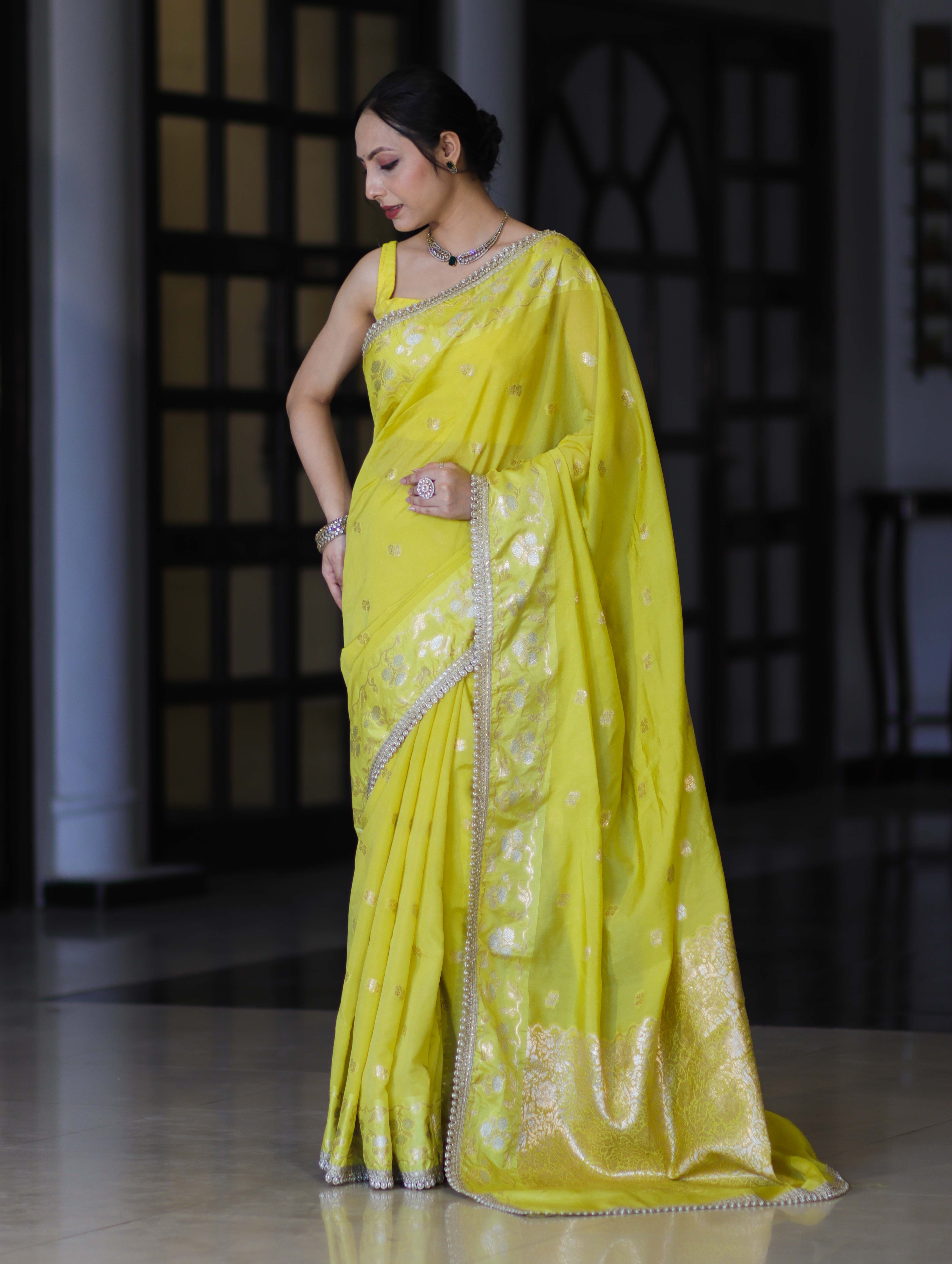 Banarasee Handloom Semi Silk Saree With Buti Design Zari Border & Lace-Light Yellow
