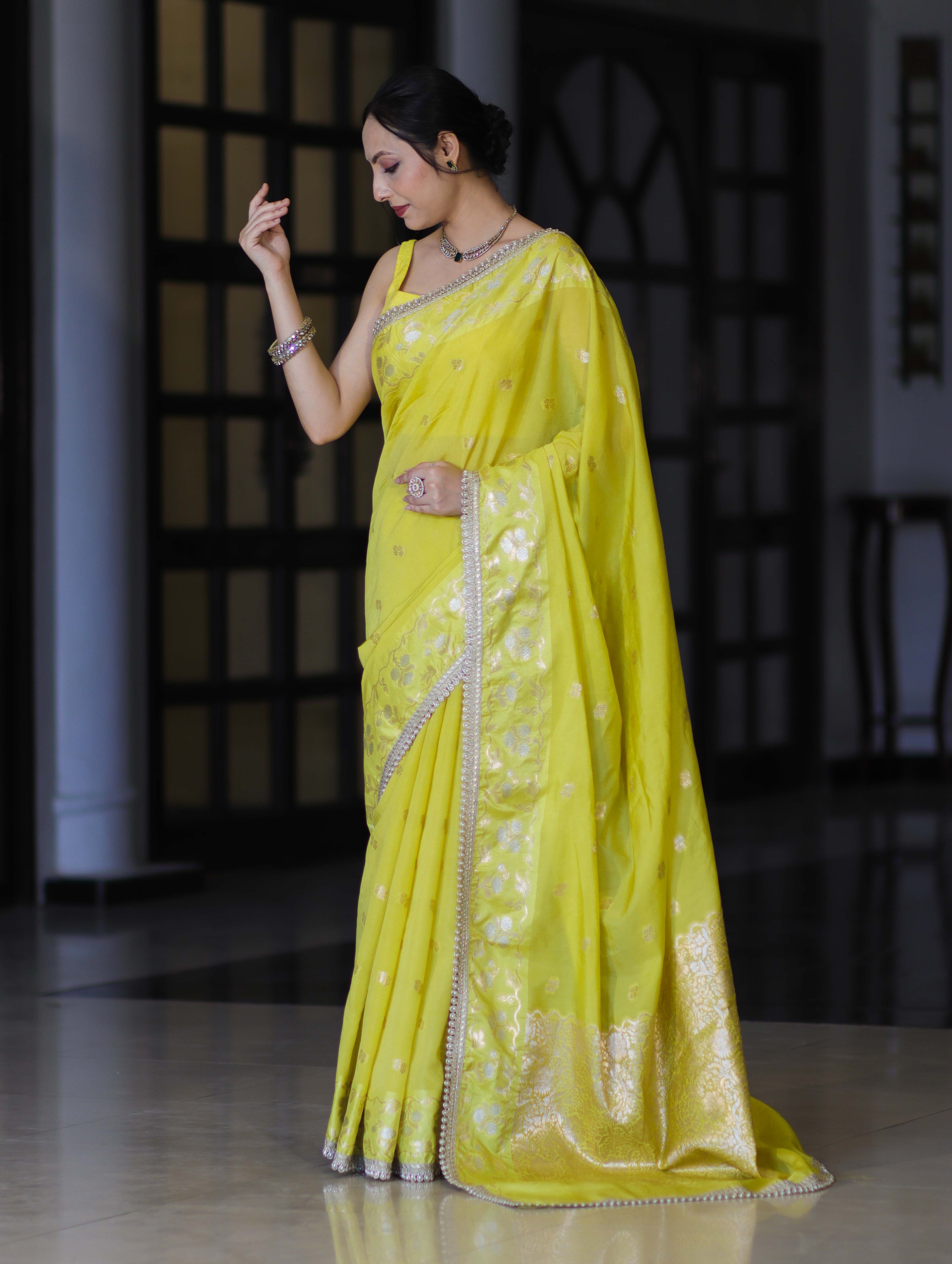 Banarasee Handloom Semi Silk Saree With Buti Design Zari Border & Lace-Light Yellow