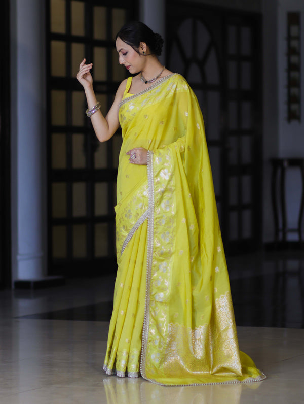 Banarasee Handloom Semi Silk Saree With Buti Design Zari Border & Lace-Light Yellow