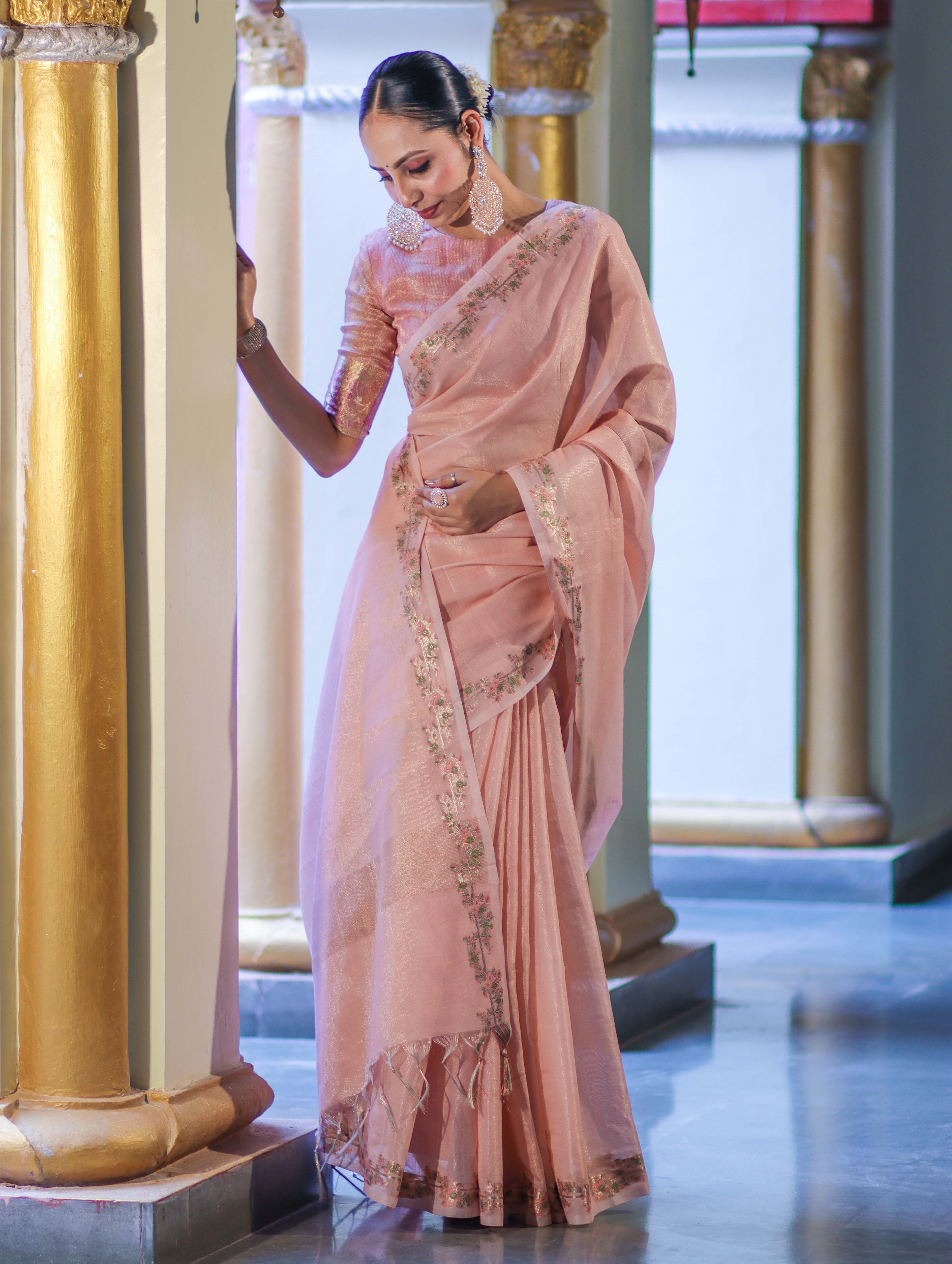 Banarasee Handloom Soft Tissue Shine Saree With Resham Floral Border-Peach
