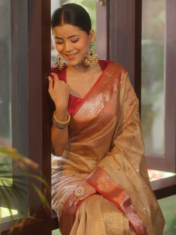 Banarasee Handwoven Mirror Work Crushed Tissue Saree With Contrast Border-Gold & Red