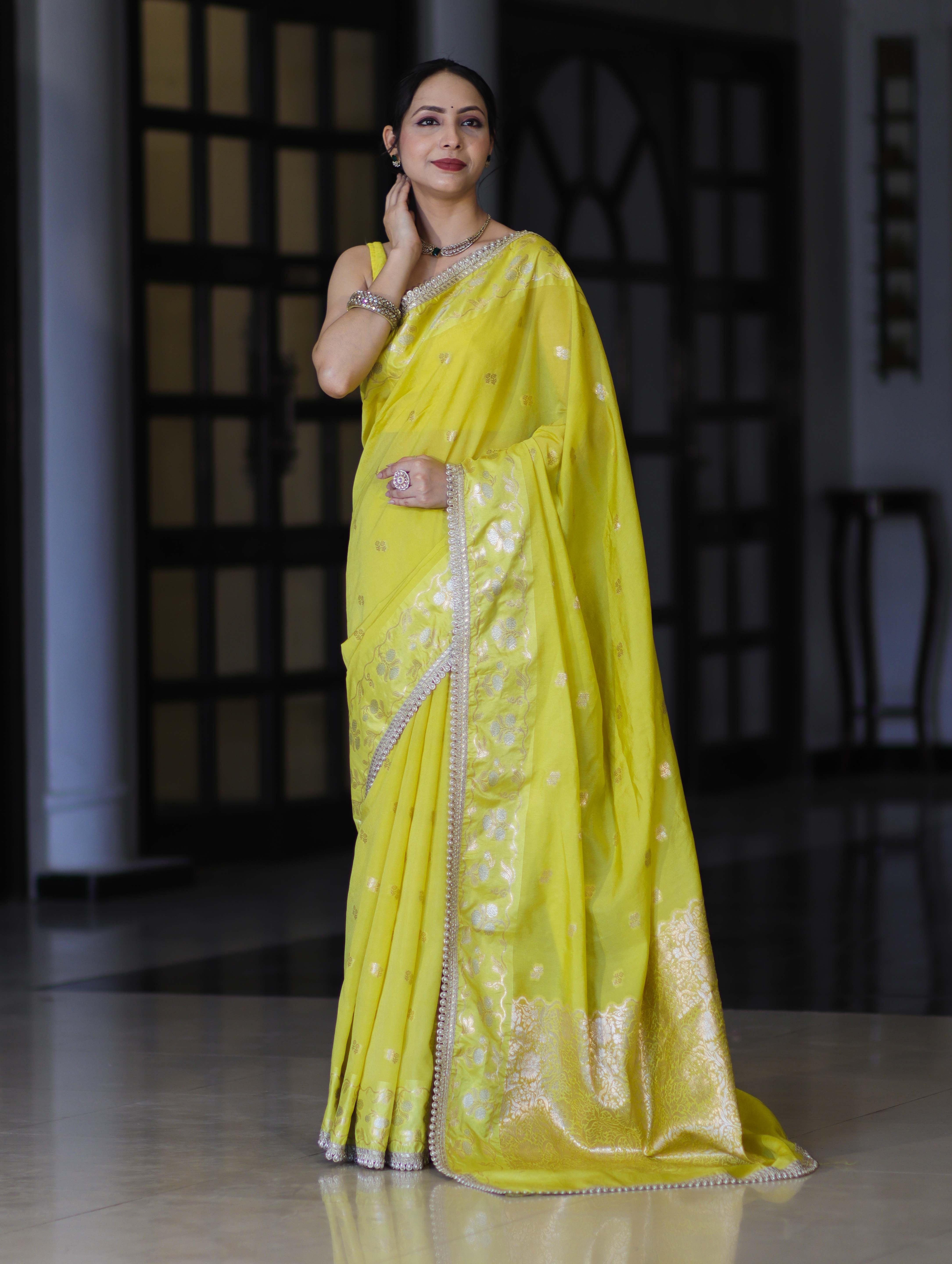 Banarasee Handloom Semi Silk Saree With Buti Design Zari Border & Lace-Light Yellow