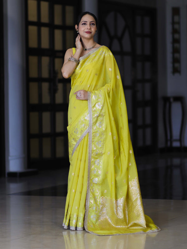 Banarasee Handloom Semi Silk Saree With Buti Design Zari Border & Lace-Light Yellow