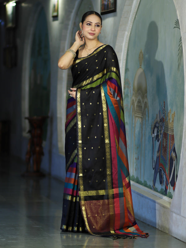 Banarasee Handloom Semi Silk Saree With Stripe Pattern & Buti Design Broad Border-Multicolor