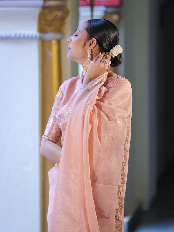 Banarasee Handloom Soft Tissue Shine Saree With Resham Floral Border-Peach
