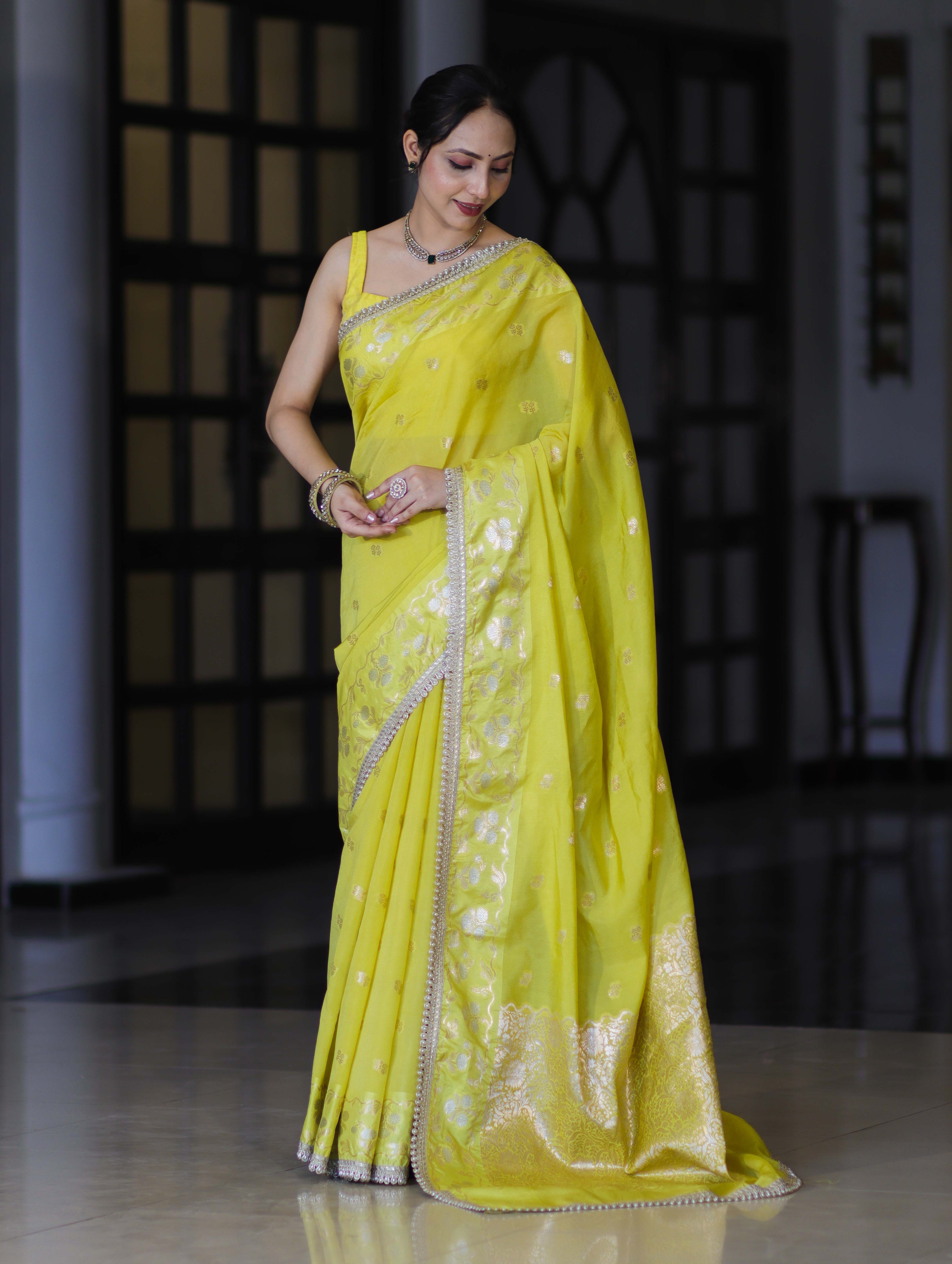 Banarasee Handloom Semi Silk Saree With Buti Design Zari Border & Lace-Light Yellow