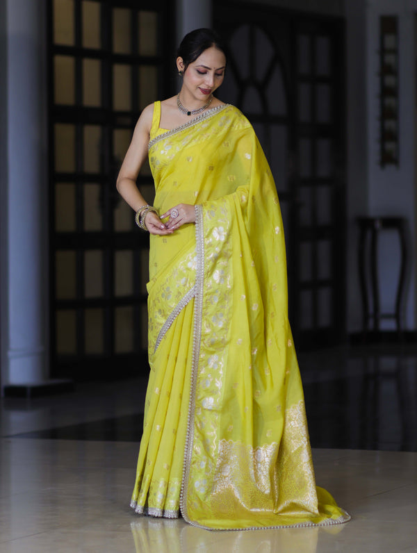 Banarasee Handloom Semi Silk Saree With Buti Design Zari Border & Lace-Light Yellow