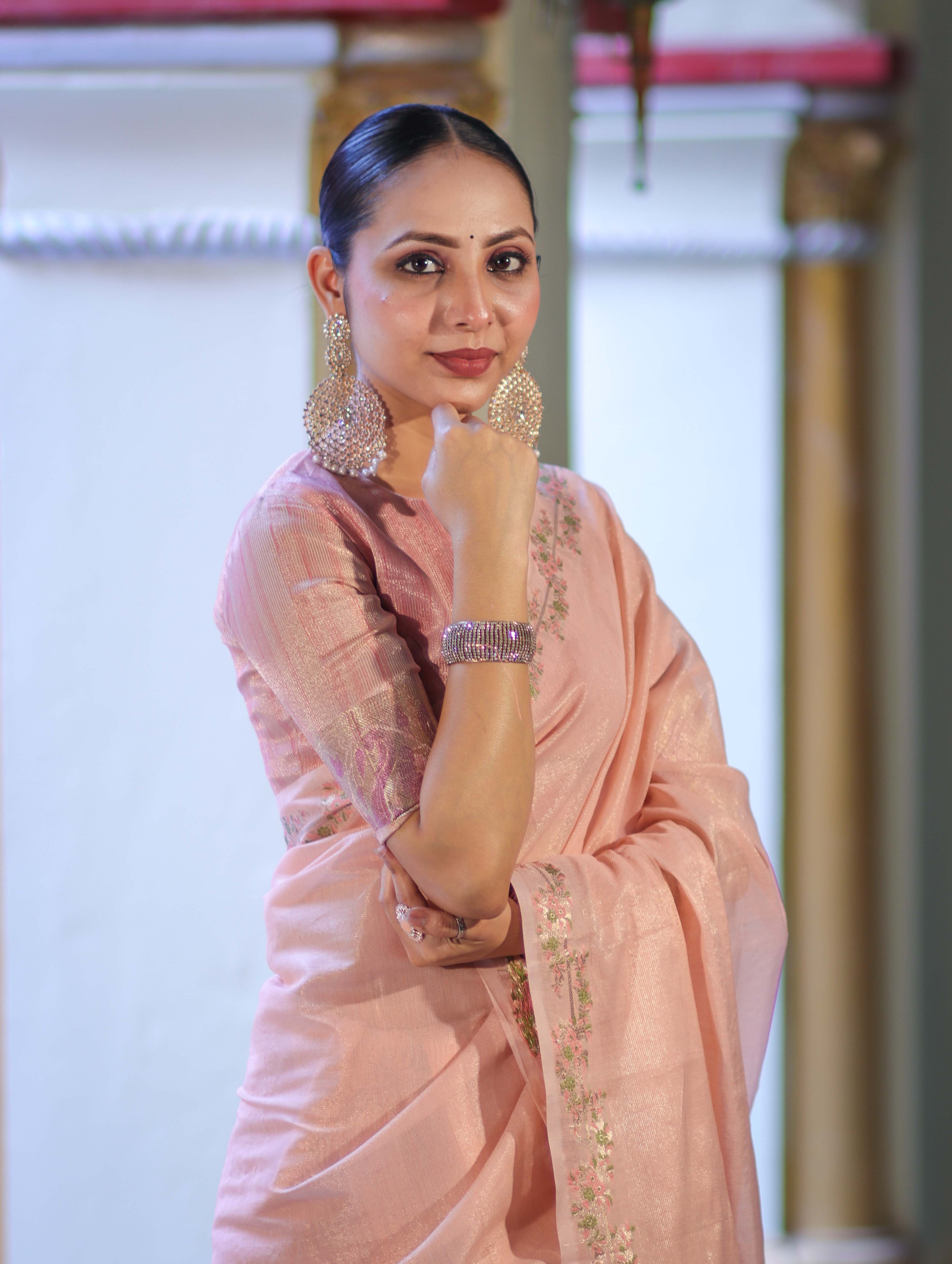 Banarasee Handloom Soft Tissue Shine Saree With Resham Floral Border-Peach
