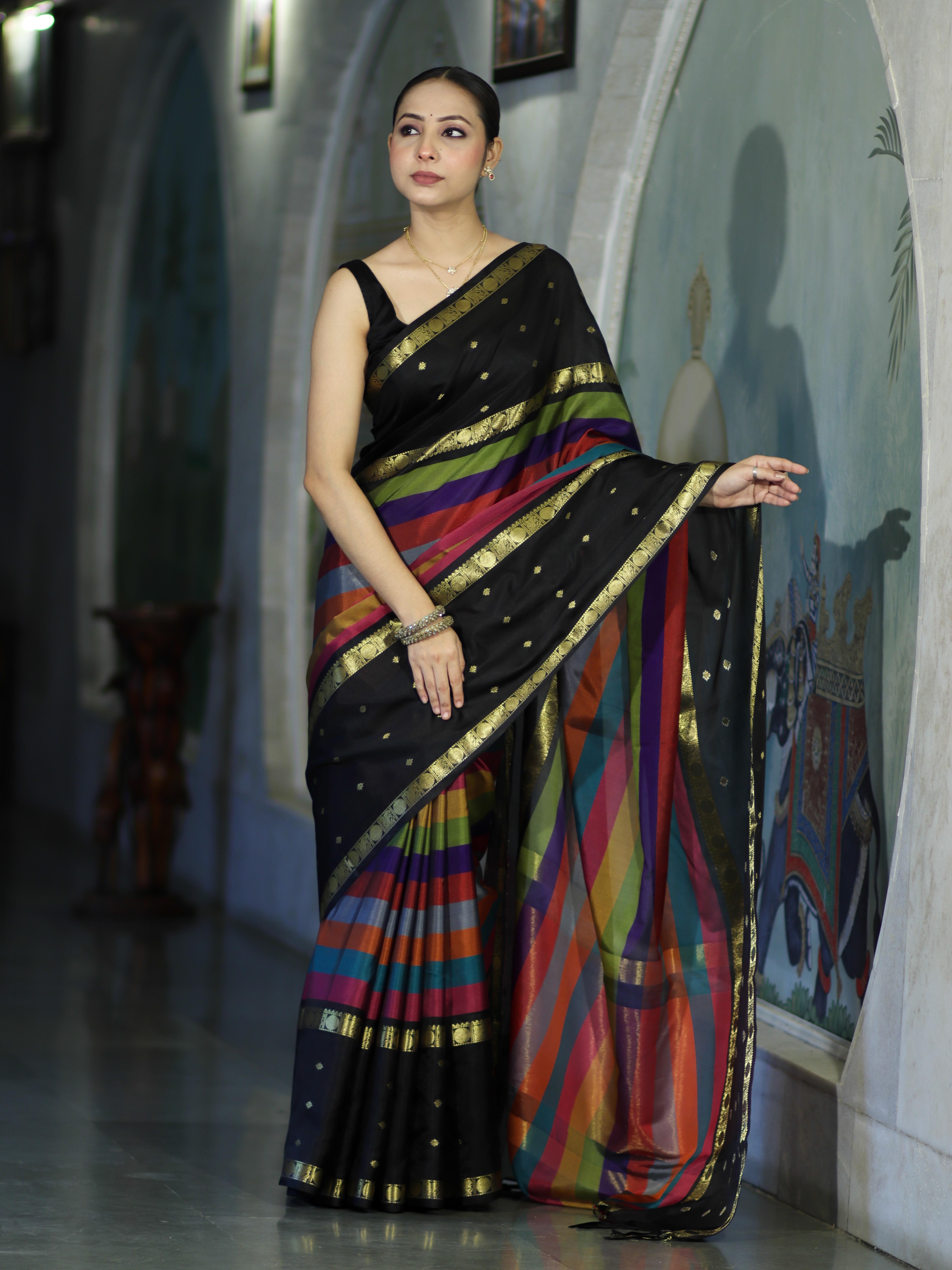 Banarasee Handloom Semi Silk Saree With Stripe Pattern & Buti Design Broad Border-Multicolor