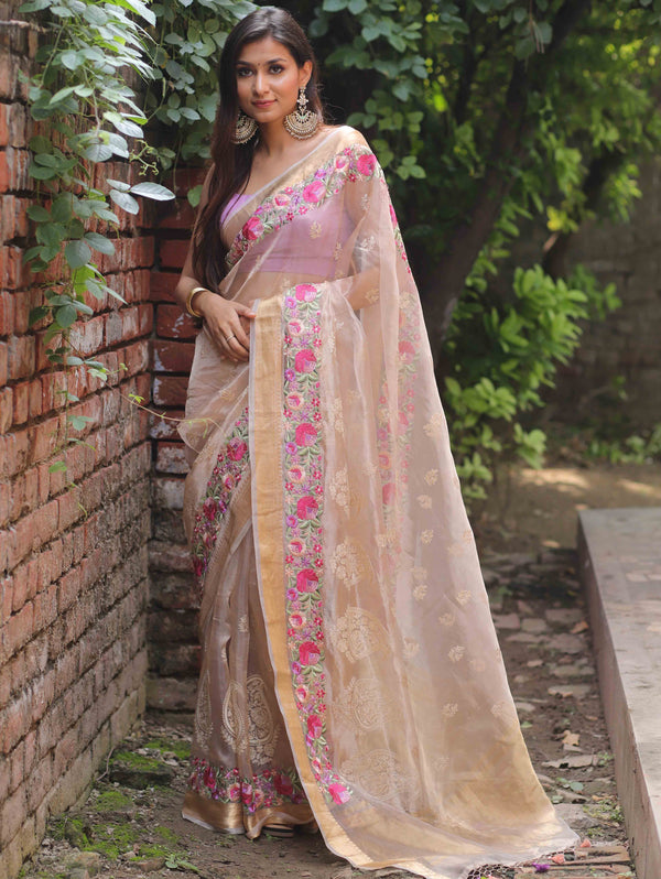 Banarasee Handloom Pure Tissue Silk Embroidered Saree-Gold