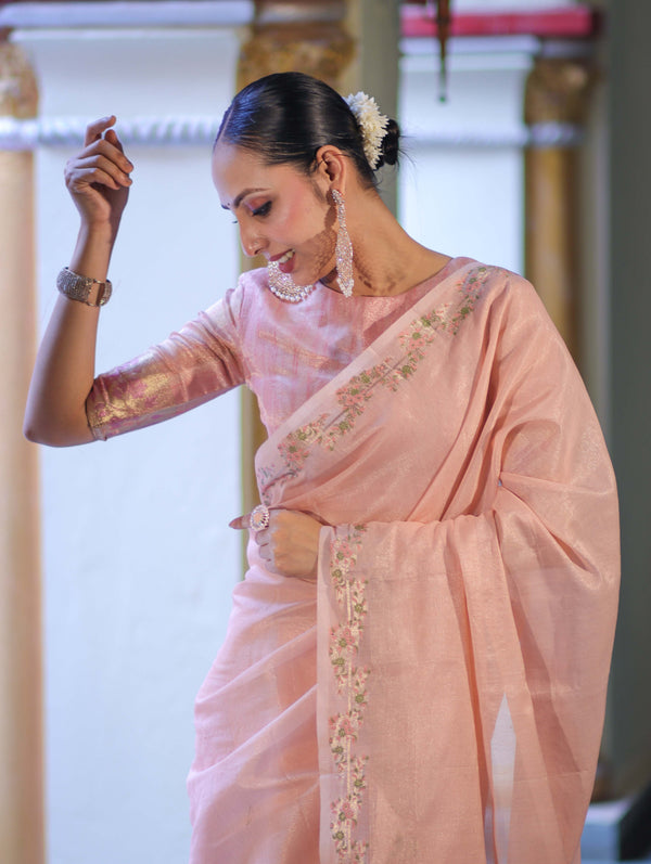 Banarasee Handloom Soft Tissue Shine Saree With Resham Floral Border-Peach