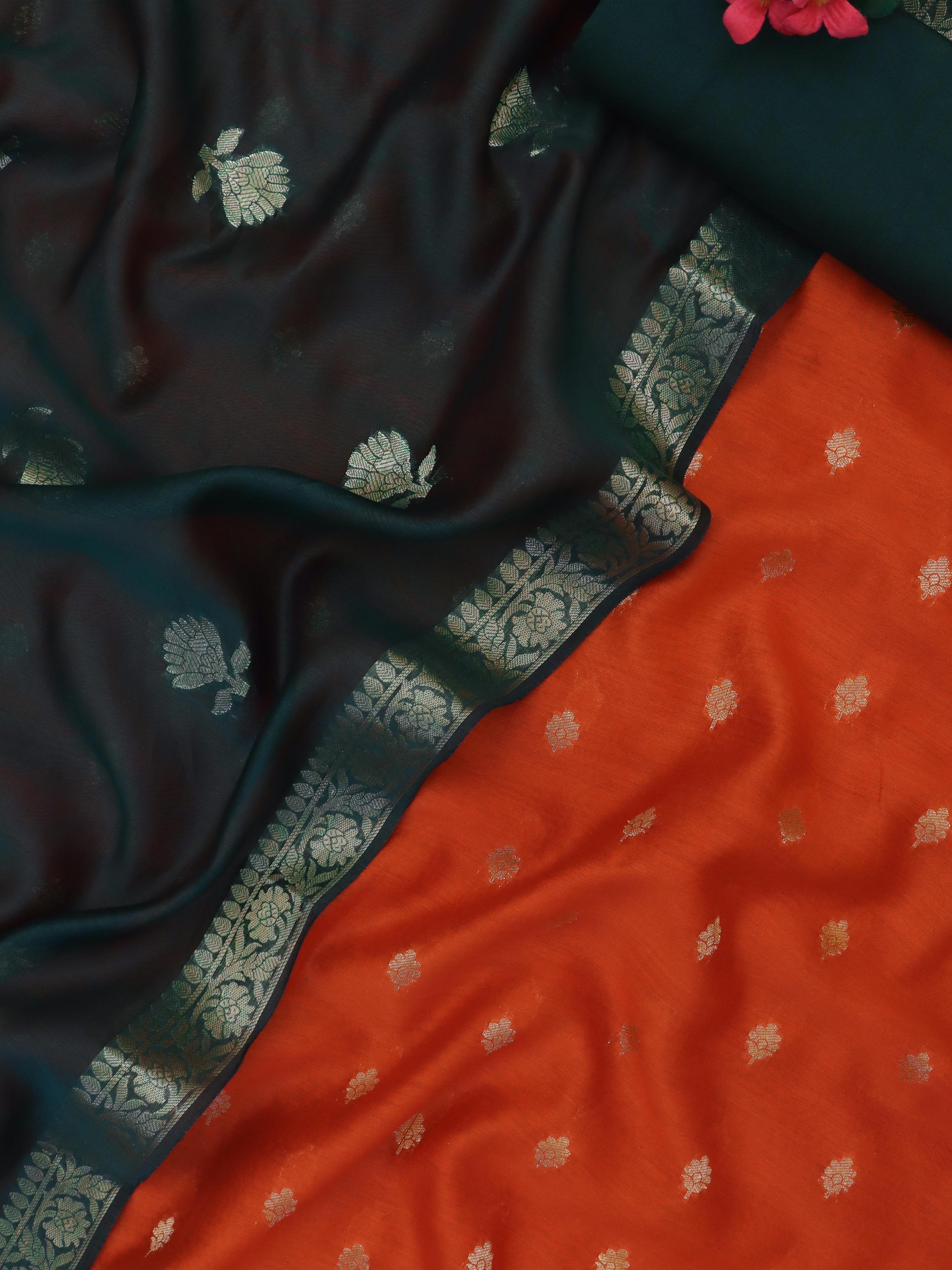 Banarasee Handloom Pure Silk Zari Buti Salwar Kameez Fabric With Dupatta-Red & Bottle Green