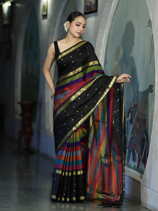 Banarasee Handloom Semi Silk Saree With Stripe Pattern & Buti Design Broad Border-Multicolor