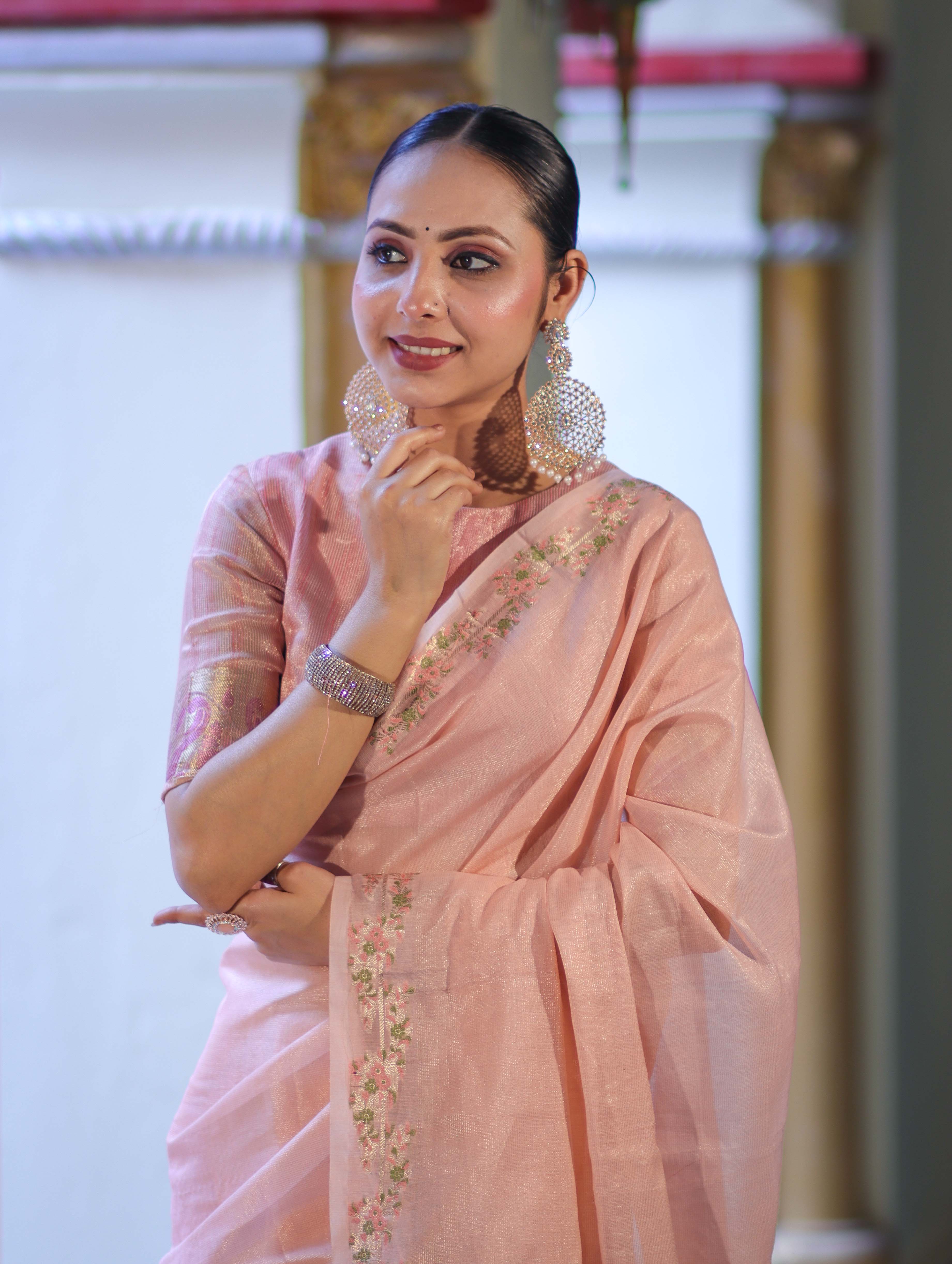 Banarasee Handloom Soft Tissue Shine Saree With Resham Floral Border-Peach
