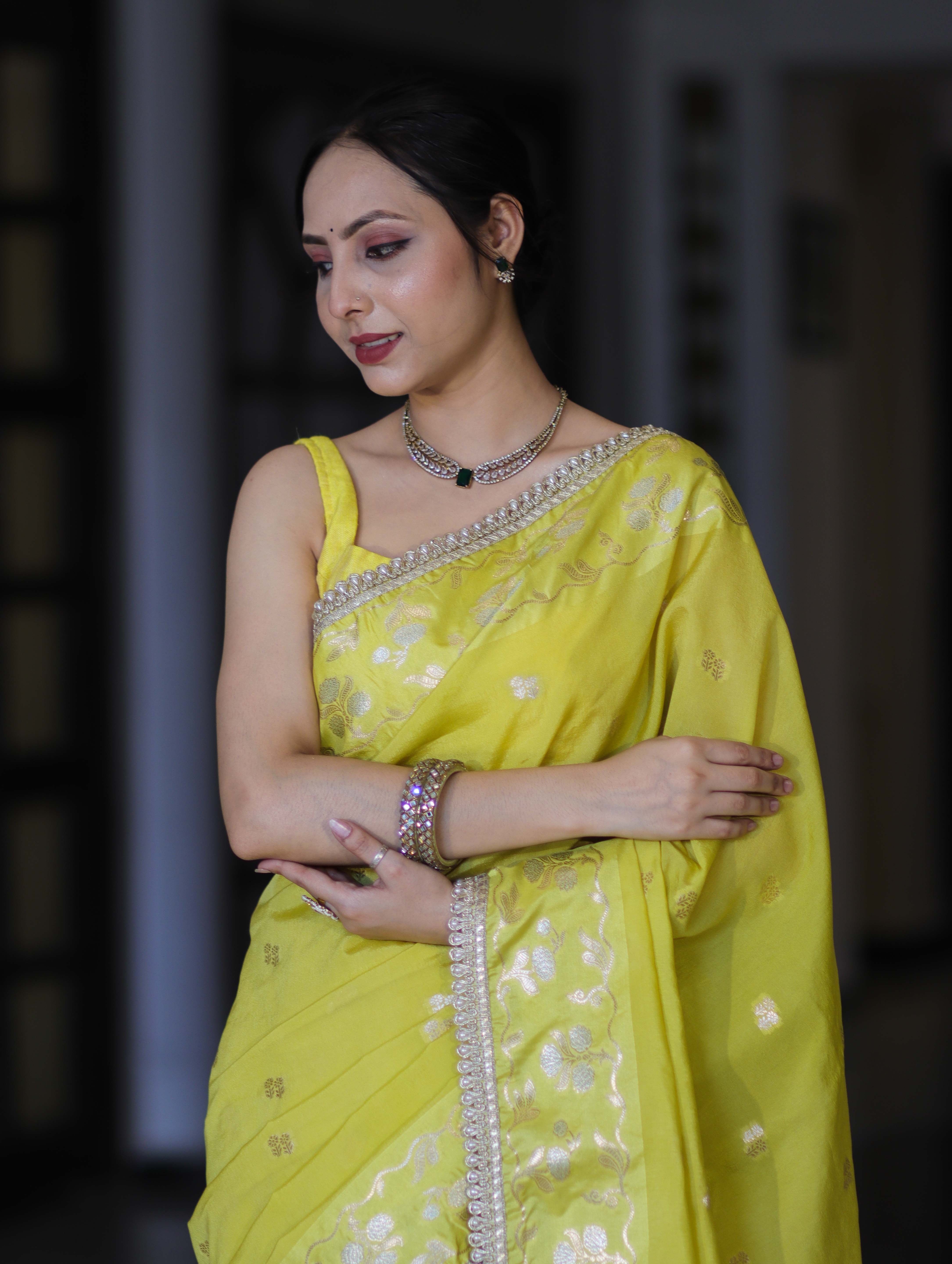 Banarasee Handloom Semi Silk Saree With Buti Design Zari Border & Lace-Light Yellow
