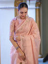 Banarasee Handloom Soft Tissue Shine Saree With Resham Floral Border-Peach