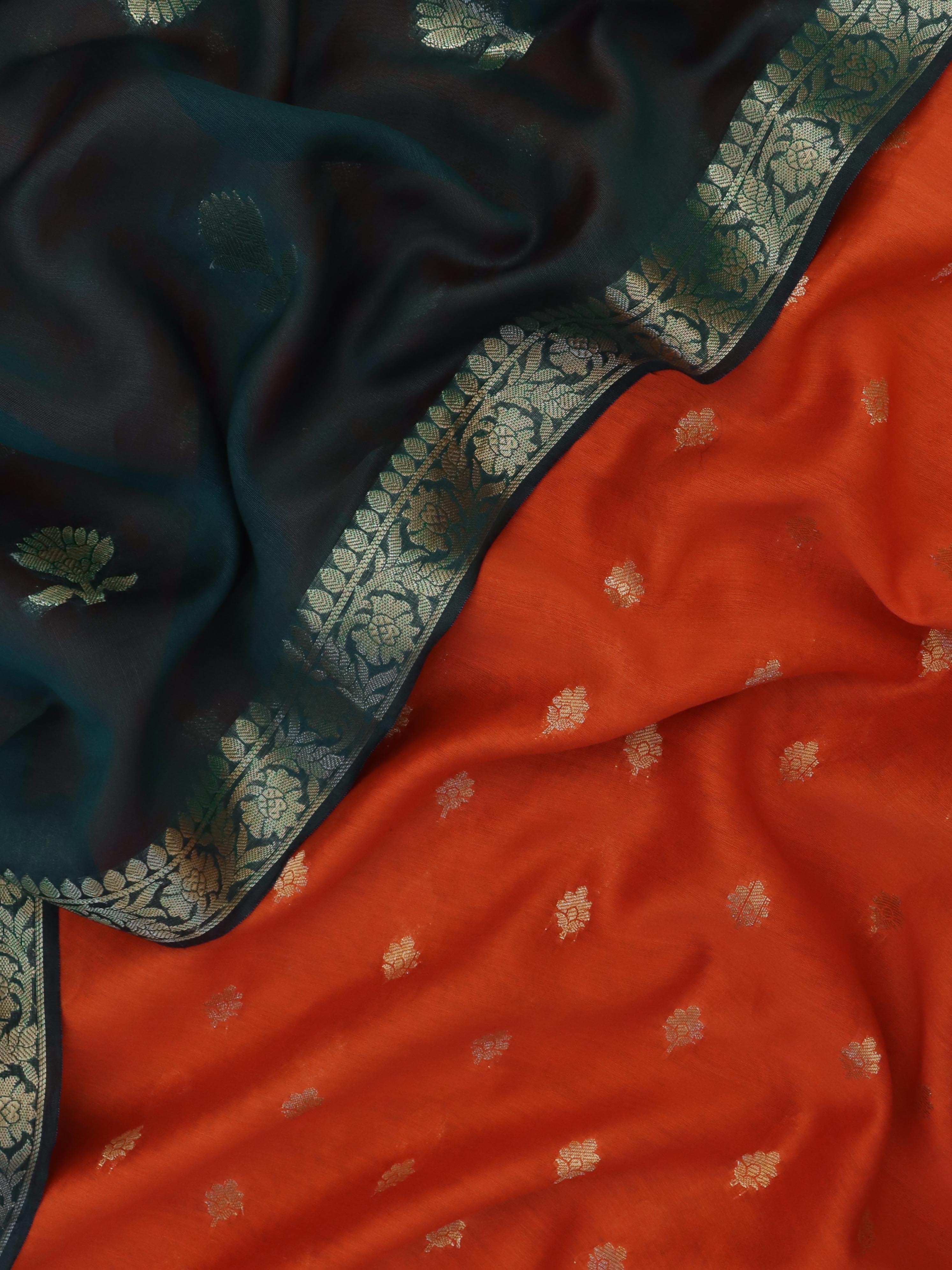 Banarasee Handloom Pure Silk Zari Buti Salwar Kameez Fabric With Dupatta-Red & Bottle Green